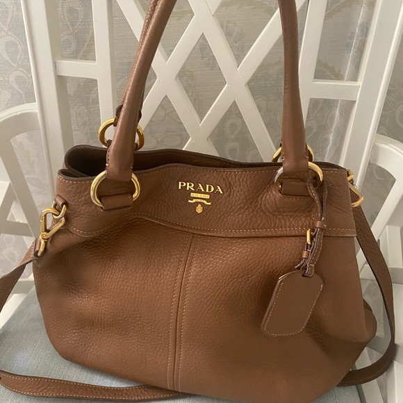 Prada Two Way Purse Handbag Vitello Pebbled Leather Caramel - Picture 3 of 13